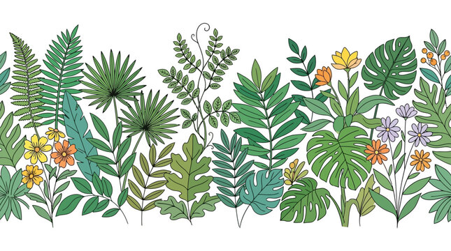 Nahtloser tropischer Dschungelrand mit verschiedenen gr&uuml;nen Bl&auml;ttern und bunten Blumen auf wei&szlig;em Hintergrund, ideal f&uuml;r Natur- und &Ouml;ko-Designs.