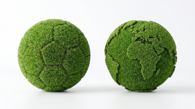 Two green grass spheres with one shaped like a classic soccer football and the other like a planet earth globe isolated on a bright white background eco sports concept studio close up shot