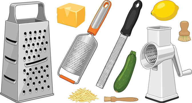 Kitchen grater and food shredder utensils vector collection. Box grater, hand zester, rotary cheese mill, cheddar block, lemon, zucchini and cleaning brushes.