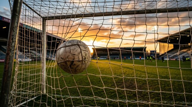 Classic soccer football ball hitting the back of the goal net during a match or training session at a stadium under a dramatic golden sunset sky backdrop close up shot