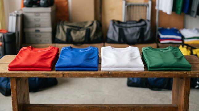 Four folded colorful blank soccer team jerseys in red blue white and green lined up on a wooden bench in a sports locker room closeup front view shot
