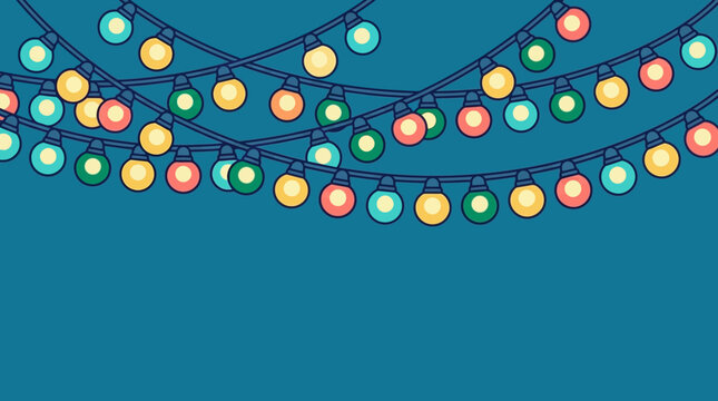 Ilustraci&oacute;n vectorial de guirnaldas de luces festivas de colores sobre un fondo azul oscuro, ideal para decoraciones navide&ntilde;as, celebraciones, eventos y dise&ntilde;os festivos con espacio para texto.