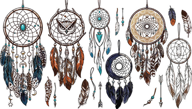 Boho dreamcatcher collection with native feathers owl crystal crescent moon arrow and ethnic beads vector sketch illustrations set