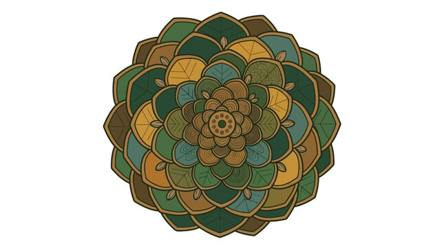 Dise&ntilde;o de mandala floral sim&eacute;trico con capas de p&eacute;talos en tonos tierra, verde y ocre sobre un fondo blanco limpio, ideal para proyectos de relajaci&oacute;n, meditaci&oacute;n y arte decorativo.