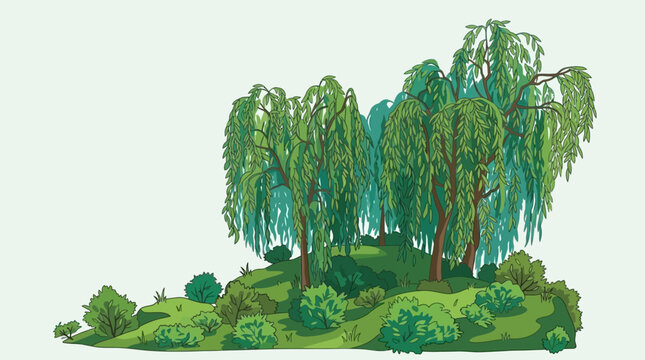 Ilustraci&oacute;n vectorial de un grupo de sauces llorones sobre una colina verde con arbustos, dise&ntilde;ada con un estilo art&iacute;stico plano y colores vibrantes para proyectos de dise&ntilde;o natural.