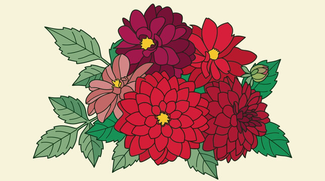 Ilustraci&oacute;n de un ramo de dalias rojas y burdeos con hojas verdes sobre un fondo claro.