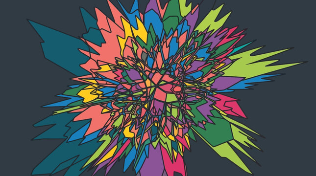 Fondo abstracto vibrante con formas geom&eacute;tricas coloridas y l&iacute;neas entrelazadas que crean un patr&oacute;n din&aacute;mico y explosivo sobre un fondo oscuro de estilo art&iacute;stico moderno.
