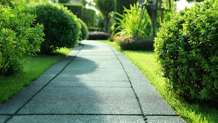 Fototapeta premium Sunlit Garden Path Curving Between Neatly Trimmed Shrubs