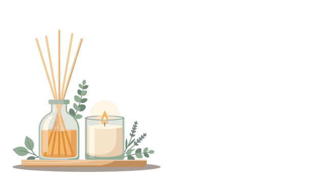 Aromatherapy diffuser and lit candle with eucalyptus and lavender sprigs on a wooden shelf