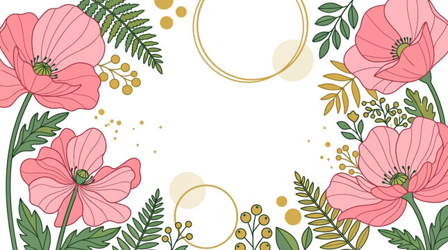Hermoso marco floral con amapolas rosas ilustradas, hojas verdes y elementos circulares dorados sobre un fondo blanco limpio, ideal para invitaciones, tarjetas de felicitaci&oacute;n y dise&ntilde;o gr&aacute;fico.