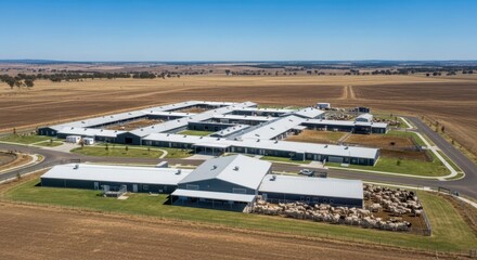 Fototapeta premium Expansive Animal Quarantine Facility Situated in Rural Agricultural Landscape Under Clear Blue Sky