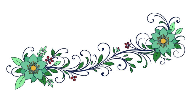 Un elegante adorno floral en forma de remolino con flores de color verde menta, hojas y peque&ntilde;as bayas rojas, ideal para dise&ntilde;os decorativos sobre un fondo blanco.
