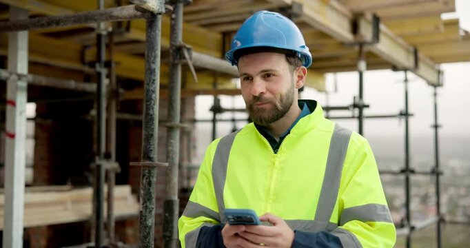 Construction, walk or man with phone on site for timesheet review, safety log or building inspection. Foreman, person or mobile app for project reporting, scaffolding compliance or progress checklist