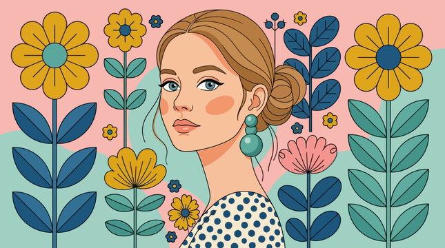 Retrato ilustrado de una joven mujer con cabello casta&ntilde;o claro y aretes turquesa, rodeada de un vibrante patr&oacute;n floral retro en tonos pastel.