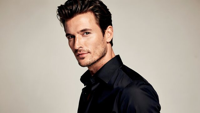 Striking Mature Man in Dark Shirt Pose Taunting Light Background