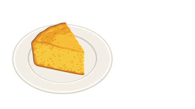 A single slice of golden cornbread on a white plate isolated on a white background
