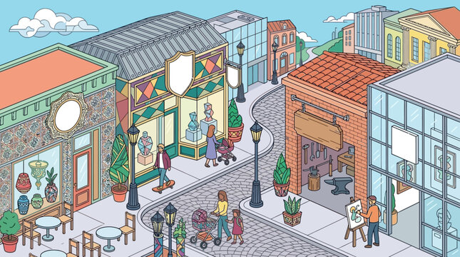 Ilustraci&oacute;n isom&eacute;trica de una calle comercial animada con tiendas, peatones caminando, farolas y edificios detallados en un estilo de dibujo colorido y encantador.