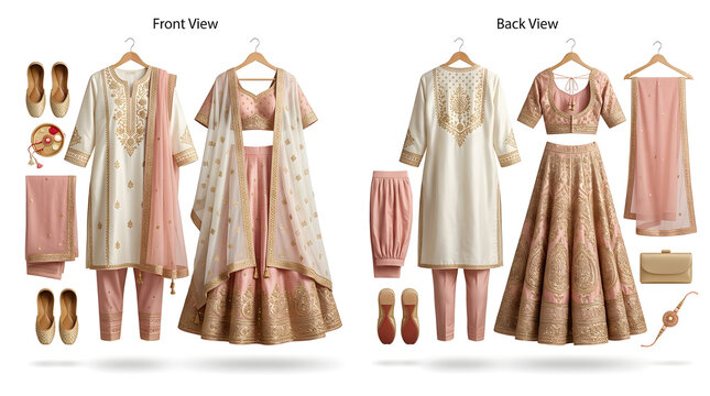 Elegant traditional Indian festive clothing for women, showcasing embroidered salwar kameez and lehenga sets with matching accessories