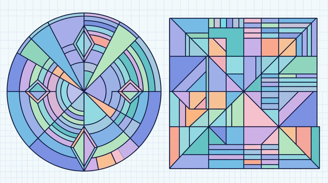 Dise&ntilde;o geom&eacute;trico abstracto con un c&iacute;rculo y un cuadrado divididos en secciones coloridas con tonos pastel sobre un fondo de papel cuadriculado, ideal para arte moderno y gr&aacute;fico.