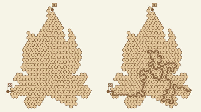 Dos laberintos hexagonales con forma de &aacute;rbol de Navidad, uno vac&iacute;o y otro con la ruta resuelta desde el inicio hasta la meta, sobre un fondo de color crema claro.