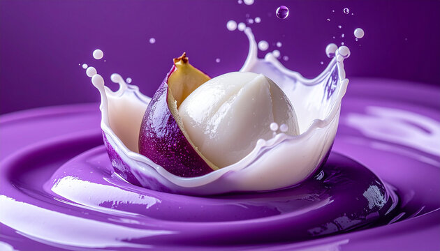 Abstrakte Studio-Makroaufnahme eines wei&szlig;en Mangostanen-Segments, das in cremige dunkelviolette Mangostanencreme eintaucht, flie&szlig;ende Welle, monochrome purpurne Farbpalette