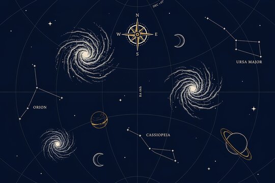 Vintage astronomical star map featuring spiral galaxies, constellations like orion and ursa major, a golden compass, planets, and crescent moons