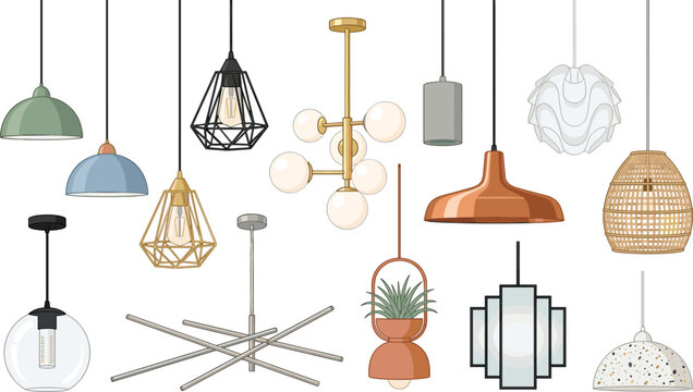 Modern pendant light fixture vector set. Ceiling lamps, chandeliers, industrial wire cage, glass globe, rattan basket, mid century sputnik, art deco and contemporary lighting.