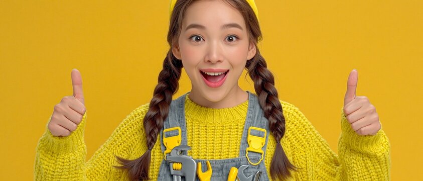 A cheerful young woman in yellow workwear and braids gives a double thumbs-up against a vibrant yellow background.