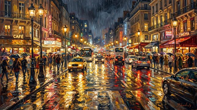 Vibrant oil painting of a rainy parisian street scene with glowing urban lights on transparent background