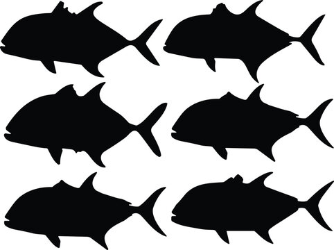 Giant trevally fish black silhouette collection vector illustration isolated on white background for fishing logos and tournament emblems