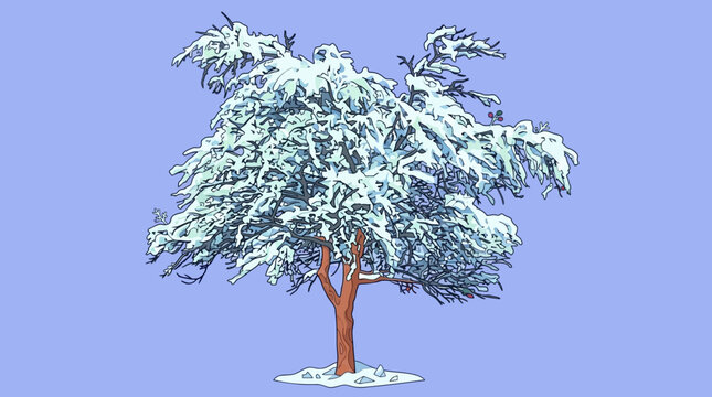 Un &aacute;rbol de hoja caduca cubierto de nieve fresca sobre un fondo azul claro, capturando la esencia serena y fr&iacute;a del invierno en una ilustraci&oacute;n detallada y estilizada.