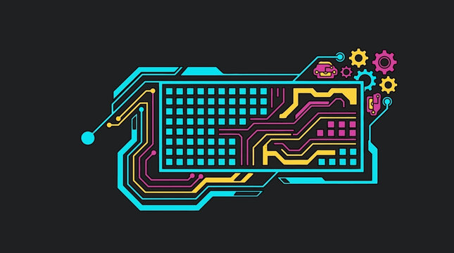 Ilustraci&oacute;n vectorial de estilo tecnol&oacute;gico con un teclado estilizado, circuitos integrados, engranajes coloridos y l&iacute;neas de datos brillantes sobre un fondo oscuro y minimalista.