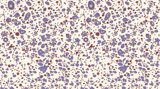 Patr&oacute;n de dise&ntilde;o abstracto con formas org&aacute;nicas de color morado y puntos marrones sobre un fondo de color crema claro, ideal para textiles, papel tapiz y proyectos de dise&ntilde;o gr&aacute;fico decorativo.