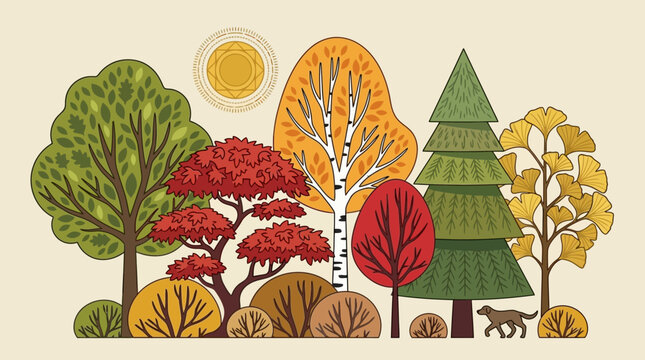 Ilustraci&oacute;n vectorial plana de un bosque oto&ntilde;al con diversos &aacute;rboles coloridos, arbustos, un sol brillante y un peque&ntilde;o perro caminando en un entorno natural acogedor y estilizado.