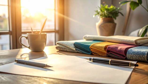 Warm Analog Planning Desk with Blank Paper Pen and Textile Samples