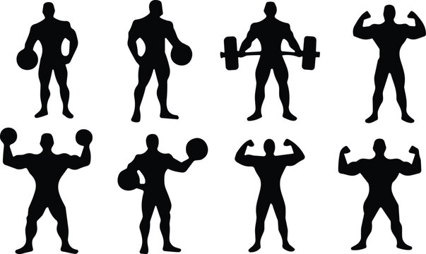 Muscular male bodybuilder silhouettes collection lifting weights and flexing muscles isolated on a white background vector illustration