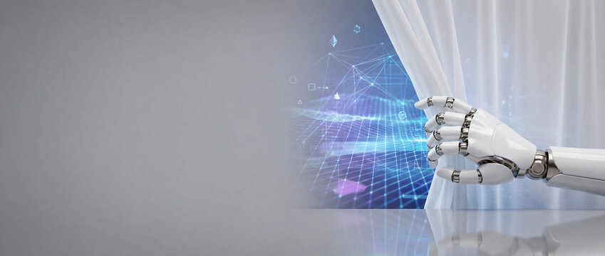 Robot hand pulling back a white curtain to reveal a futuristic digital data network