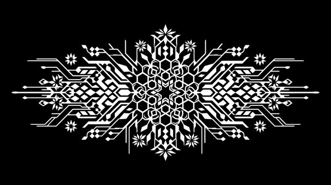 Dise&ntilde;o gr&aacute;fico sim&eacute;trico abstracto con patrones geom&eacute;tricos complejos y l&iacute;neas de estilo circuito electr&oacute;nico sobre un fondo negro s&oacute;lido para proyectos digitales modernos