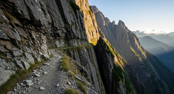 A narrow and precarious path winding along the side of a steep mountain cliff