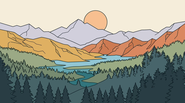 Ilustraci&oacute;n vectorial de un paisaje natural con monta&ntilde;as, un r&iacute;o serpenteante y un bosque de pinos bajo un sol poniente en un estilo art&iacute;stico minimalista y retro