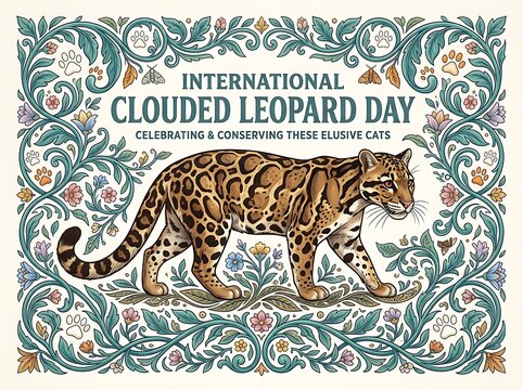Colorful artistic illustration of a clouded leopard surrounded by ornate floral patterns and paw prints design