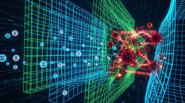 Digital Wireframe Firewall Blocking Malware Infections