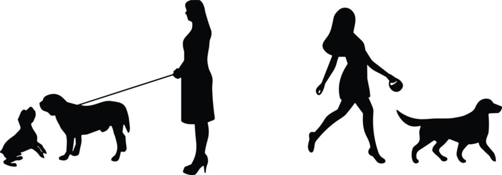 Silhouette of women walking their dogs on a leash vector illustration set isolated on white background for pet care concept