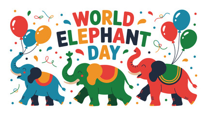 Naklejka premium World elephant day celebration illustration with cute colorful elephants holding balloons and confetti