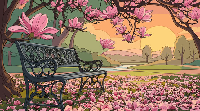 Un banco de hierro negro vac&iacute;o situado bajo un &aacute;rbol de magnolia en flor con p&eacute;talos rosados esparcidos por el suelo en un tranquilo parque durante un atardecer de primavera