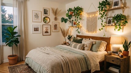 Fototapeta premium Cozy bohemian bedroom featuring wooden furniture with indoor plants and warm string lights on transparent background