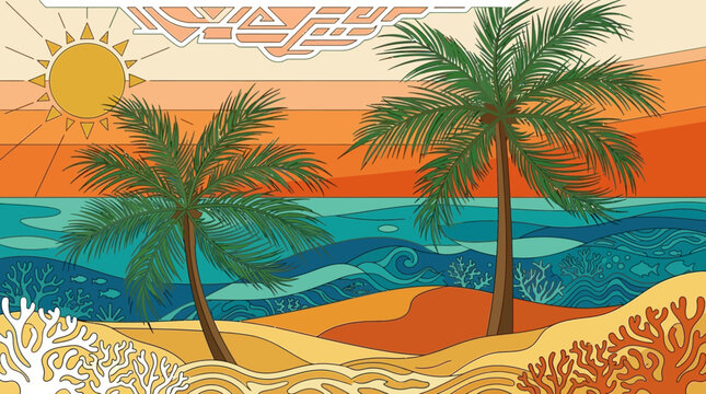 Ilustraci&oacute;n vectorial de estilo retro con palmeras en una playa tropical, mar con olas decorativas, sol brillante y corales en un paisaje costero vibrante con colores c&aacute;lidos y veraniegos.
