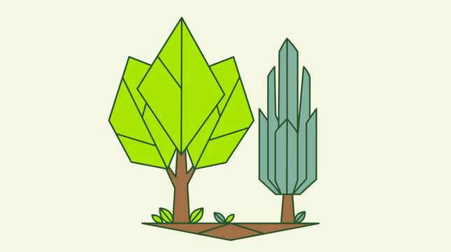 Dos &aacute;rboles estilizados con dise&ntilde;o geom&eacute;trico y origami, sobre un suelo de madera.