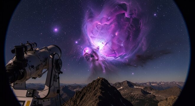 A photorealistic view of a glowing purple nebula observed through a telescope on a high mountain peak
