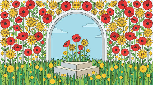 Un jard&iacute;n de amapolas y margaritas rodea un arco de piedra con un podio en un d&iacute;a soleado.